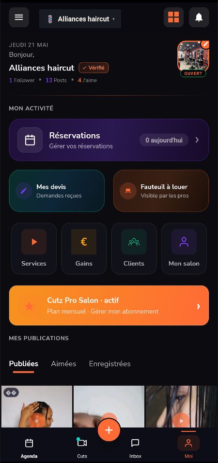 App CUTZ Pro — tableau de bord : CA du mois, RDV, activité