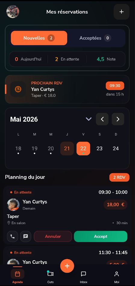 App CUTZ Pro — réservations : nouvelles demandes et planning du jour