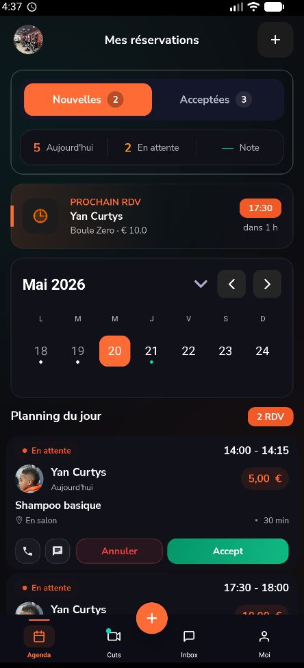 App mobile CUTZ — agenda du jour