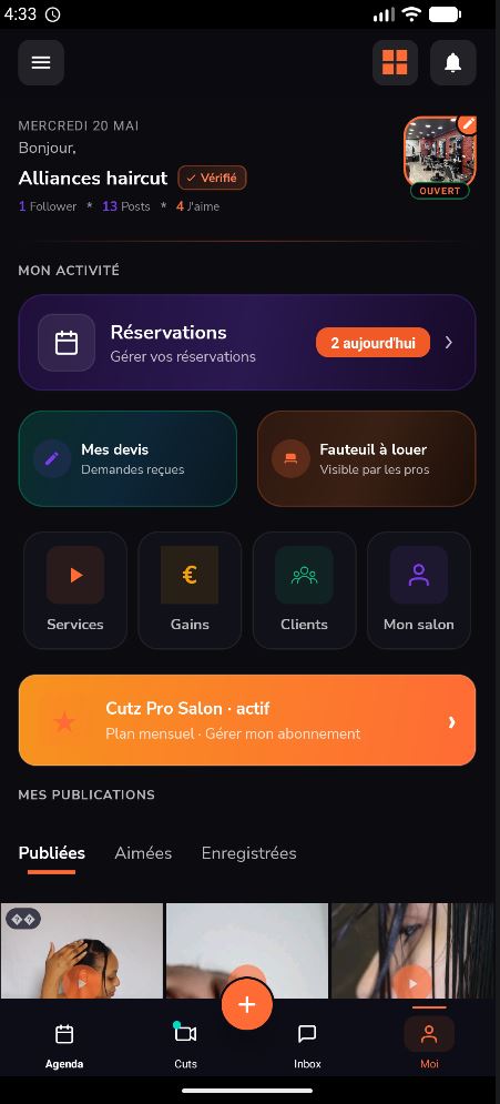 App mobile CUTZ — écran Moi